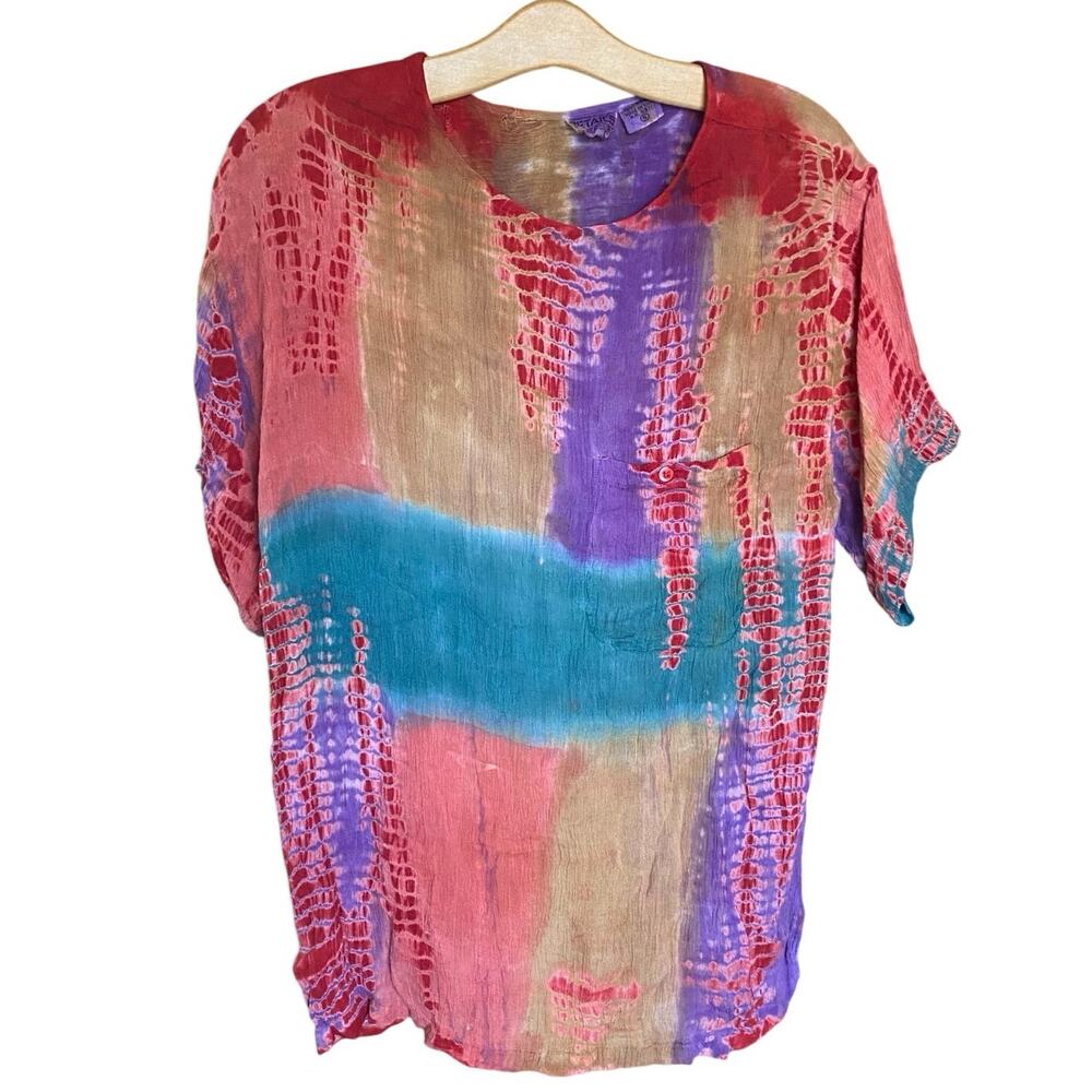 Vintage DETAILS Tie Dye Boho Shirt 100% Rayon India Size S Multicolor Hippie Top